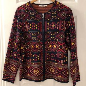 Alia petite knit geometric print zipper cardigan, navy blue, large